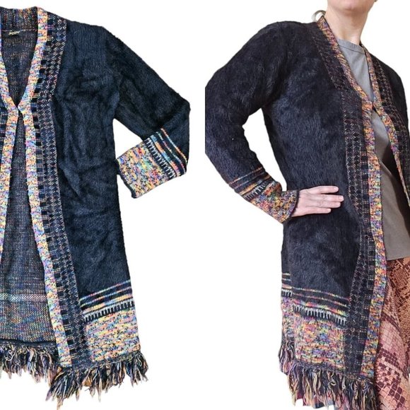 Womens Black Fuzzy Long Duster Cardigan Sweater Faux Fur Boho Artsy Fringe S M L - Picture 1 of 14